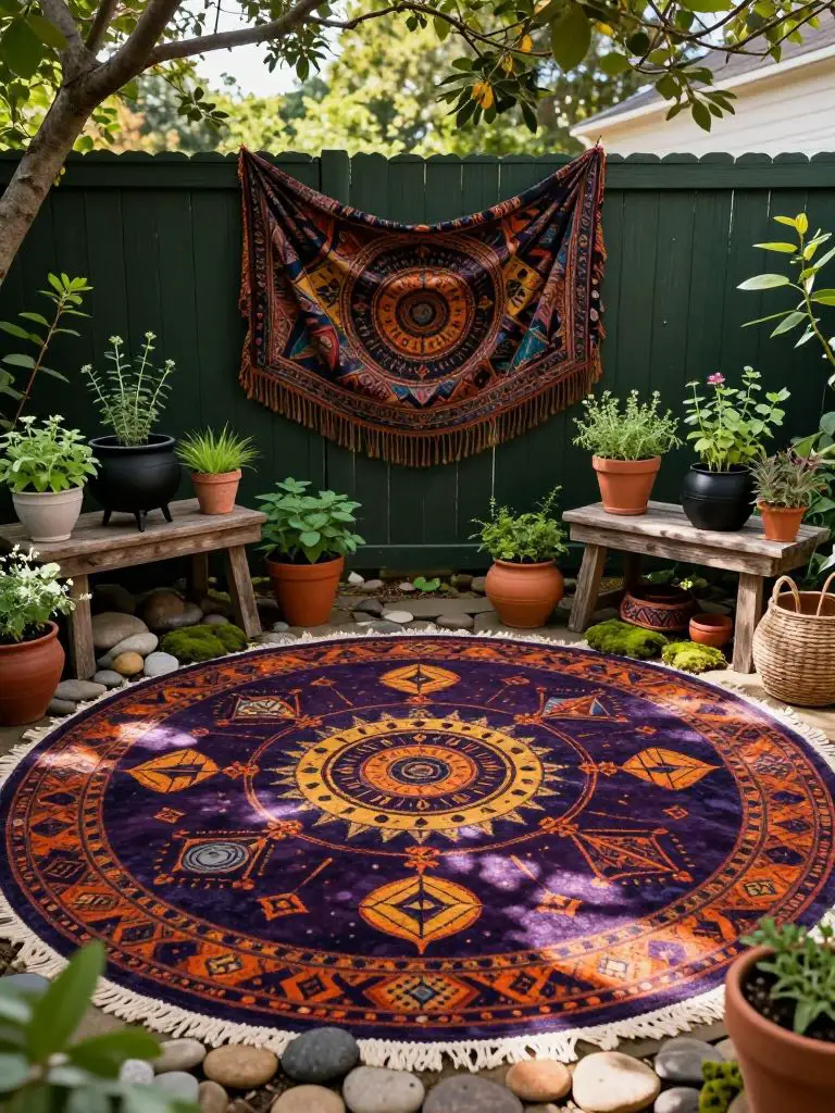 Create a boho witch circle in a backyard garden featuring a bold zodiac-inspired rug as the central focal point positioned prominently in th.