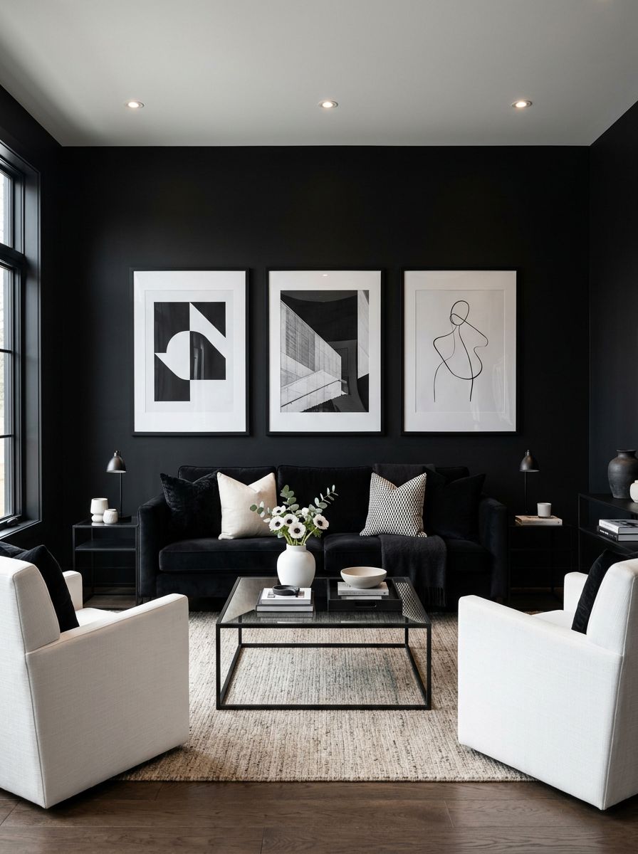 A dramatic black and white minimalist living room arranged with perfect symmetry and bold gallery wall styling.