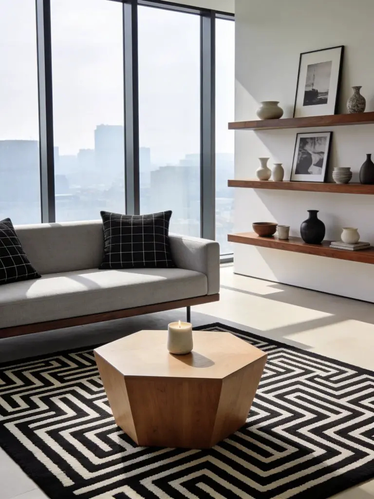 A contemporary minimalist living room showcasing a striking black and ivory geometric rug filled with maze-like linear patterns.