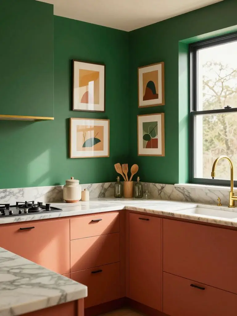 A modern colorful kitchen with a bold emerald green accent wall paired with warm coral cabinetry in a contemporary eclectic style.