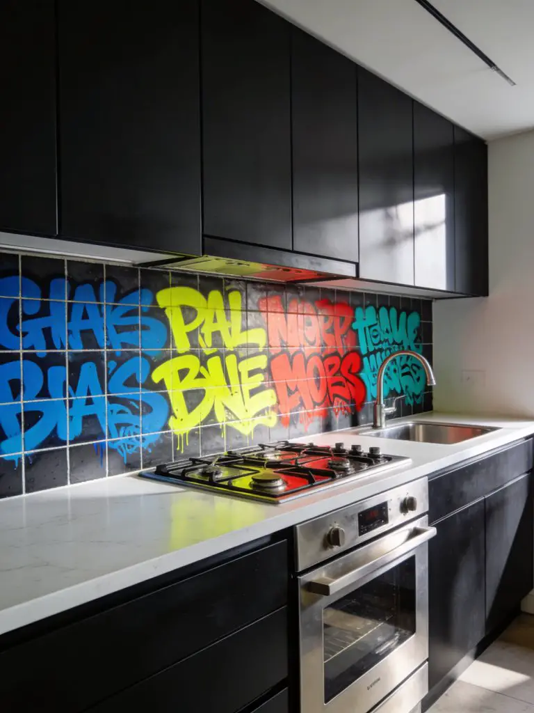 A modern urban kitchen featuring a bold graffiti-inspired colorful backsplash in a contemporary industrial style.