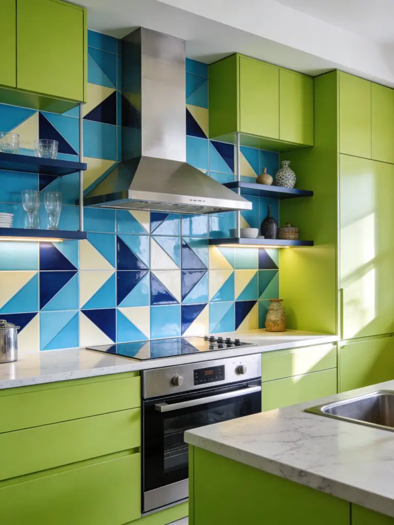 A modern kitchen featuring bold lime green flat-panel cabinets paired with a striking geometric tile backsplash in shades of sky blue, navy.