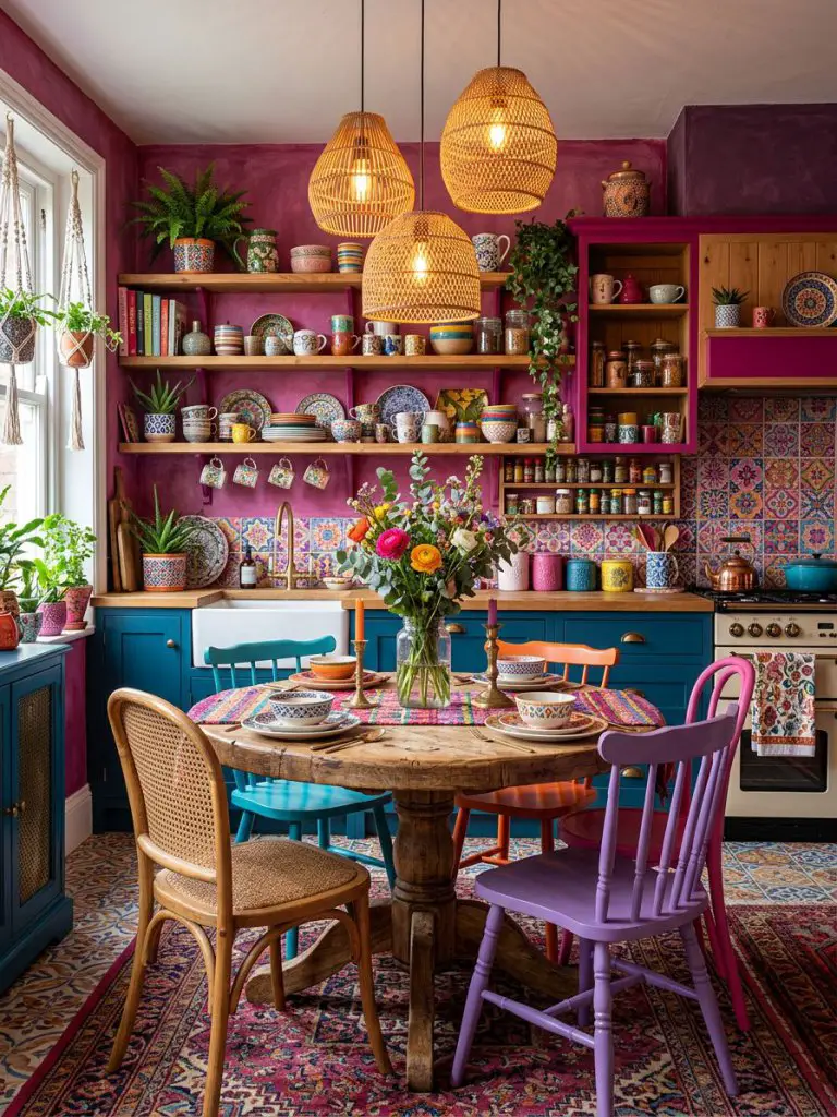 A bold maximalist colorful boho kitchen drenched in pink and purple tones, with contrasting cabinetry and vibrant decor.