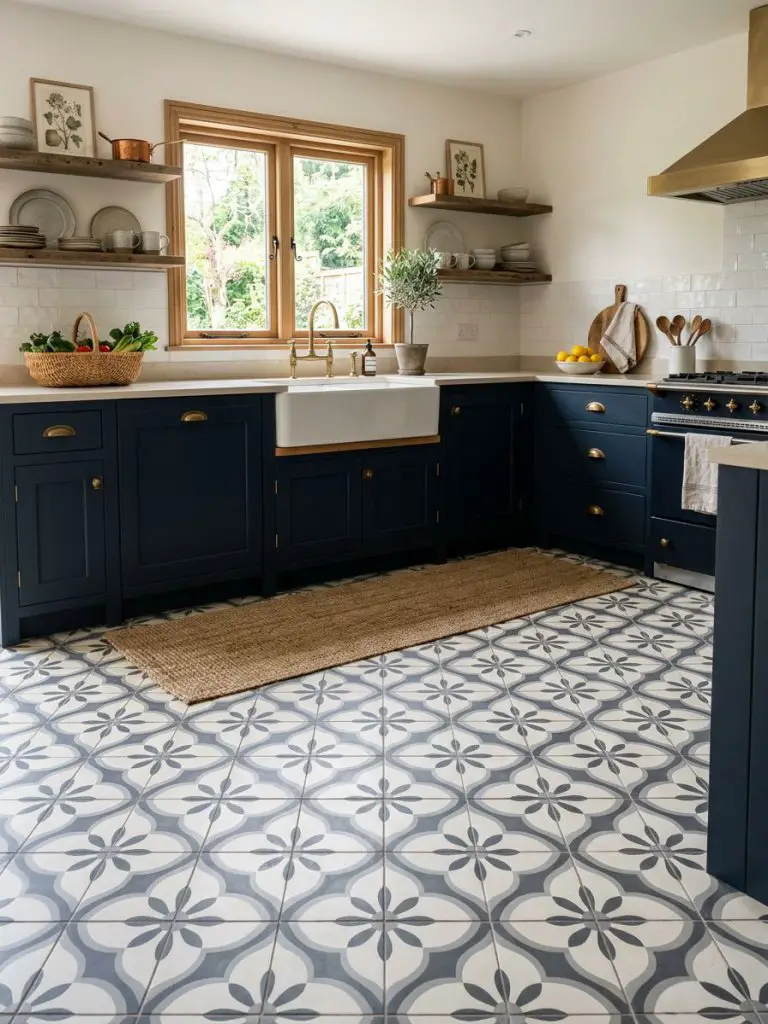 A charming kitchen featuring bold vintage-inspired patterned tile flooring in a warm minimalist and eclectic rustic style.