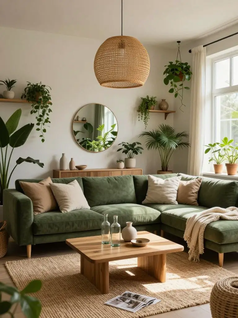 A botanical boho minimalist living room styled with abundant greenery and natural textures.