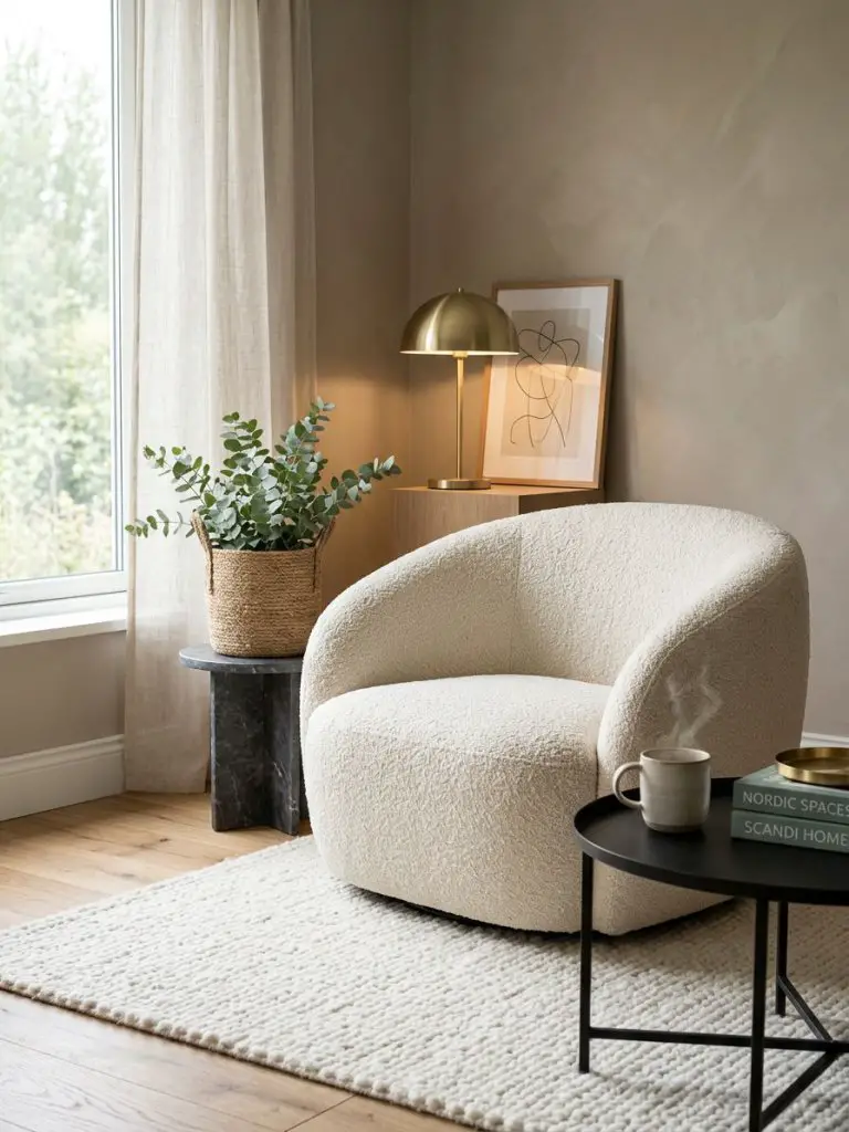 A calm warm minimalist living room corner inspired by Scandinavian softness and cozy textures.
