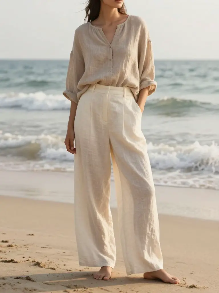 A serene beach scene representing sustainable fashion outfit ideas built around breathable natural fabrics and relaxed silhouettes.