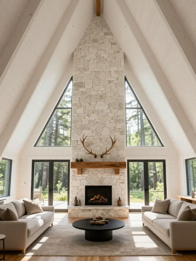 A stunning A-frame mountain living room with soaring vaulted ceilings clad in white painted wood planks and dramatic triangular windows.