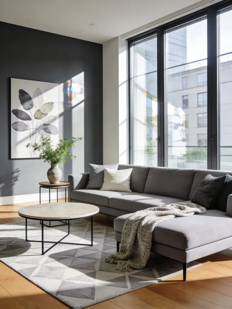 A bright apartment living room centered around a sleek grey sectional sofa placed beside tall floor-to-ceiling windows.