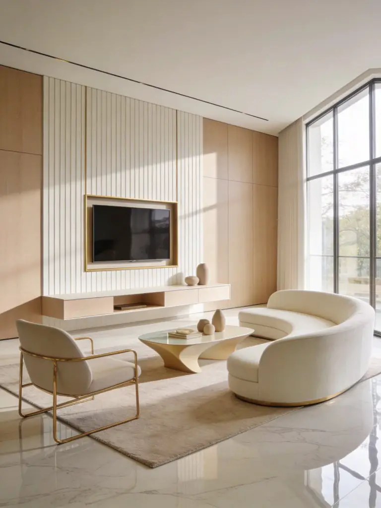 A bright minimalist luxury living room featuring a soft beige palette and a sleek modern media wall as the central design feature.