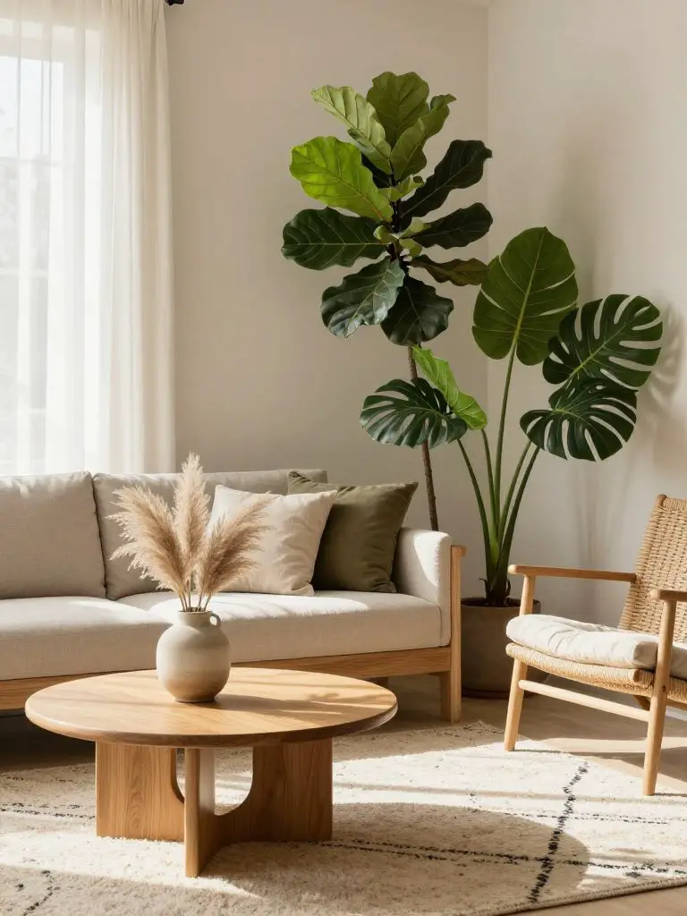 A bright botanical boho minimalist living room filled with lush greenery and natural materials.