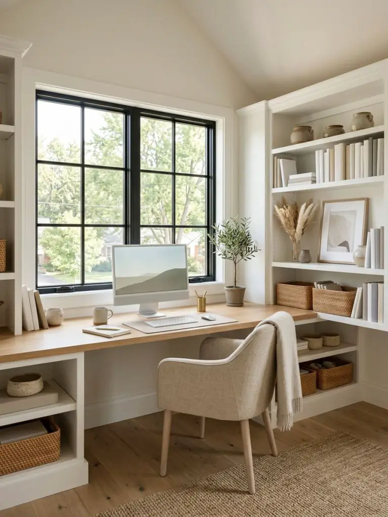 A bright bonus room styled as a built-in home office nook in a Warm Minimalist and Scandinavian blend, featuring white painted millwork shel.