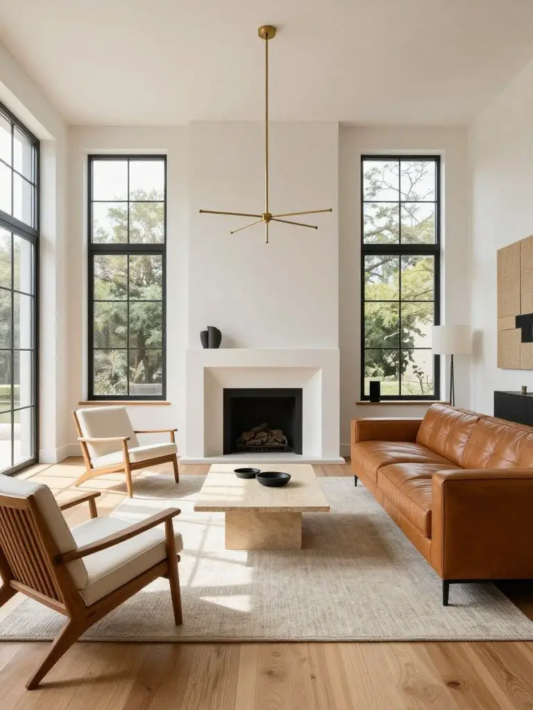 A bright contemporary minimalist living room with subtle mid-century influences and clean architectural lines.