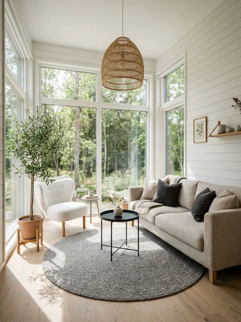A bright corner tiny home living room designed in Scandinavian minimalist style featuring white shiplap walls, pale wood flooring, and expan.