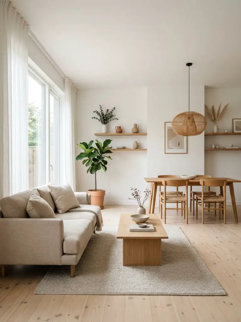 A bright Japandi open living room seamlessly blending living and dining areas with light wood finishes.