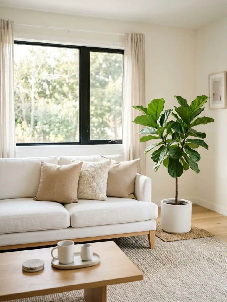 A bright warm minimalist living room corner inspired by Japandi and Scandinavian design.