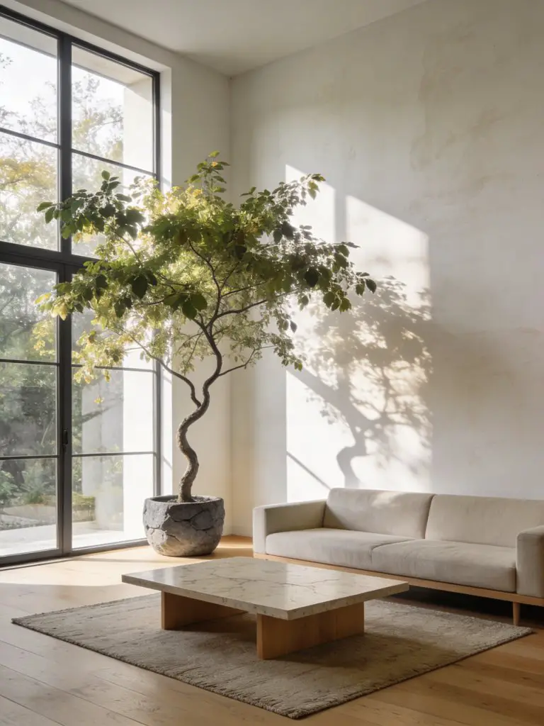 A bright minimalist living room centered around a large window with a sculptural indoor tree creating a natural focal point.