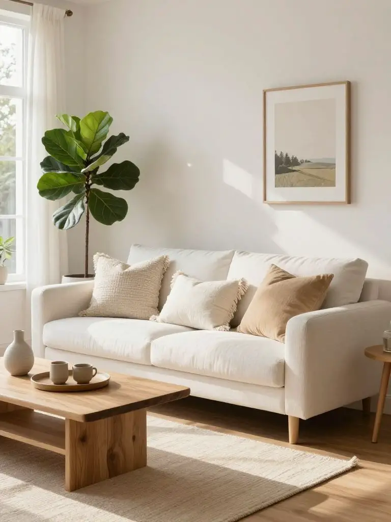 A bright warm minimalist living room scene blending Scandinavian and Warm Minimalist interior design.