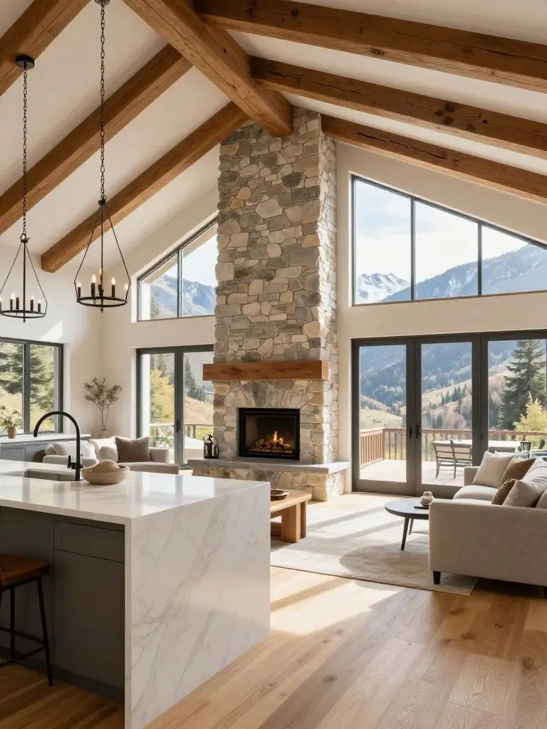 A bright open-concept modern mountain great room that blends kitchen, dining, and living areas beneath a high vaulted ceiling with exposed b.