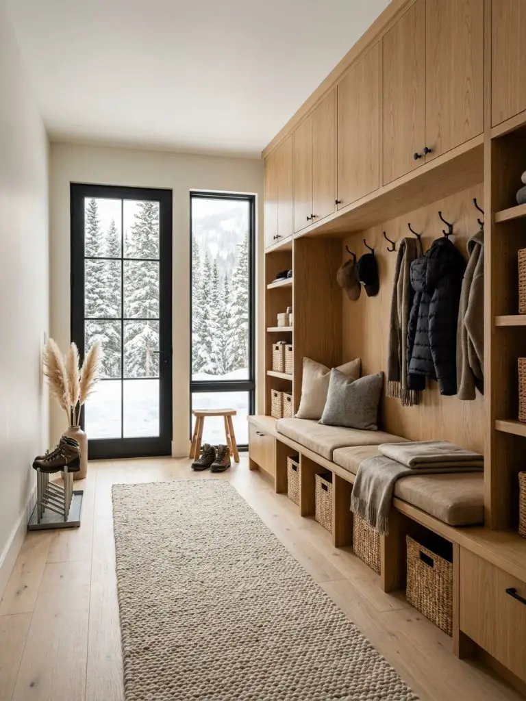 A bright contemporary mountain home mudroom designed in warm minimalist rustic style with practical built-in storage.