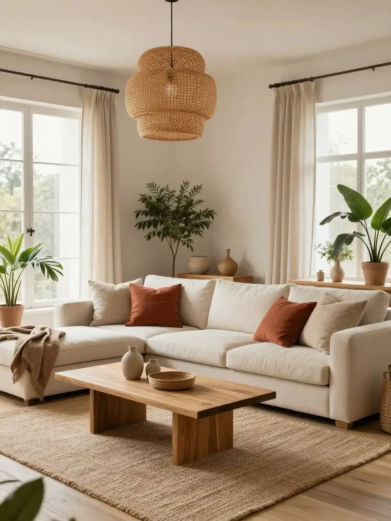 A bright cozy boho minimalist living room designed with warm minimalist and modern rustic styling.