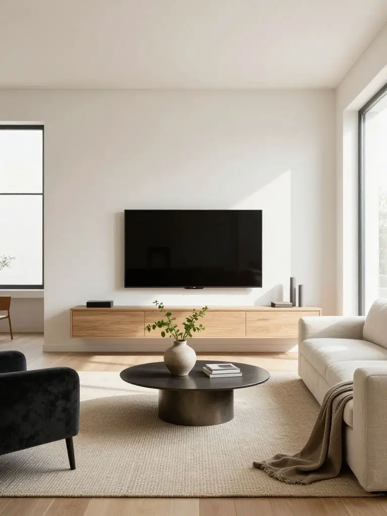 A bright minimalist living room designed in warm minimalist and modern Scandinavian interior style.