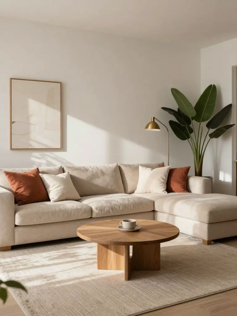 A cozy minimalist living room featuring a soft beige L-shaped sectional sofa placed diagonally in the room as the main focal element.