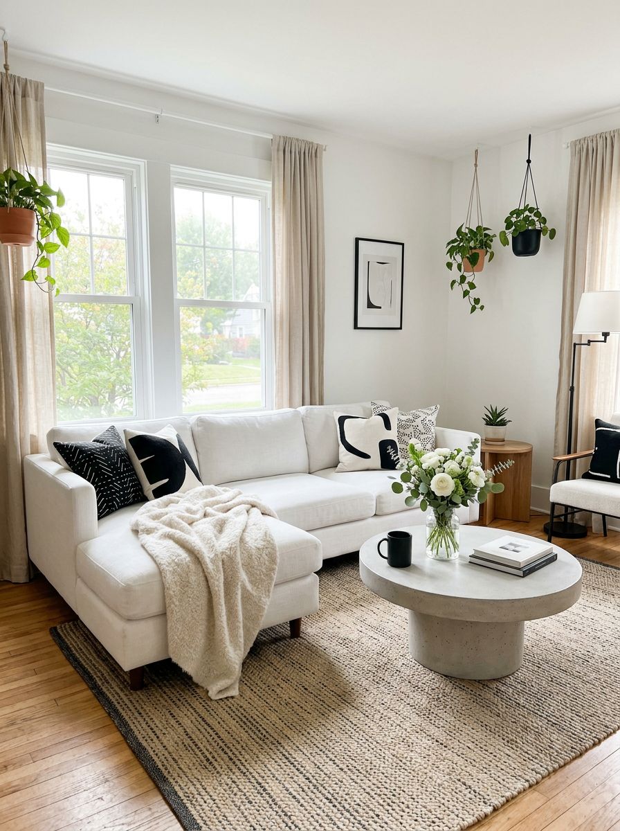 A bright Nordic-style black and white minimalist living room designed with soft natural textures and plenty of daylight.