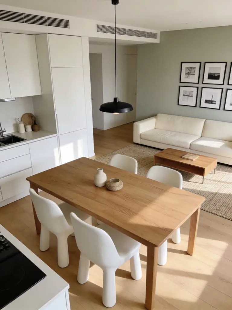 A bright open-concept minimalist apartment living room connected to a compact kitchen and dining area, designed in warm minimalist and Scand.