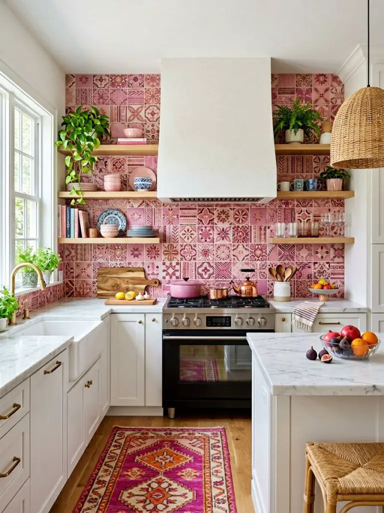 A bright white kitchen with a striking pink boho patterned backsplash acting as the central focal point.