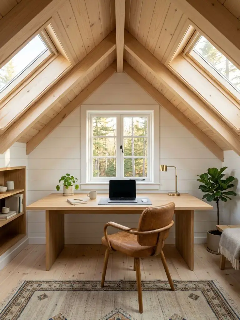 A bright Scandinavian-style attic office cabin featuring a vaulted pine ceiling with two skylight windows that flood the workspace with natu.