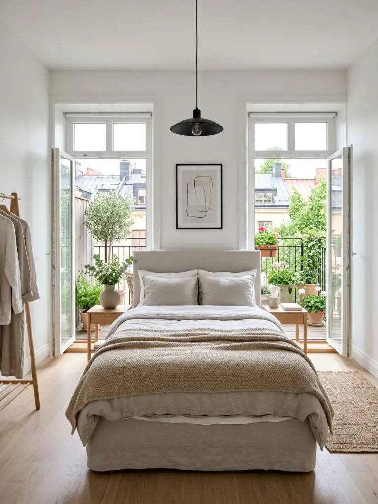 A bright Scandinavian small bedroom with balcony doors designed with clean lines and minimal decor.