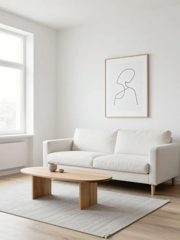 An airy Scandinavian minimalist living room filled with natural light and bright simplicity.