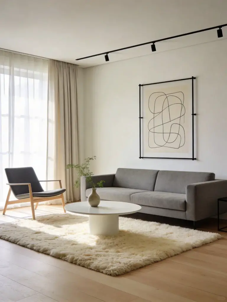 A bright Scandinavian minimalist living room featuring a soft grey couch placed centrally against a pale warm white wall.