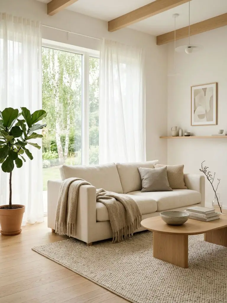 An airy Scandinavian minimalist living room designed around abundant natural light and soft textile layers.