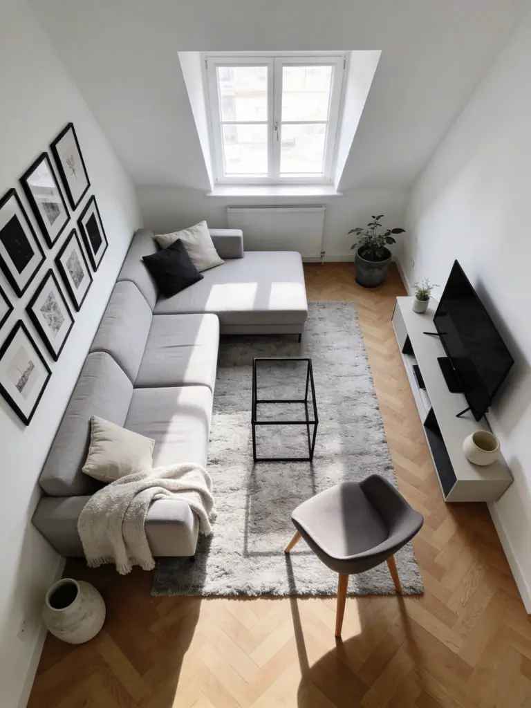 A Scandinavian minimalist living room inside a small apartment featuring a light grey sectional sofa positioned along the left wall as the m.