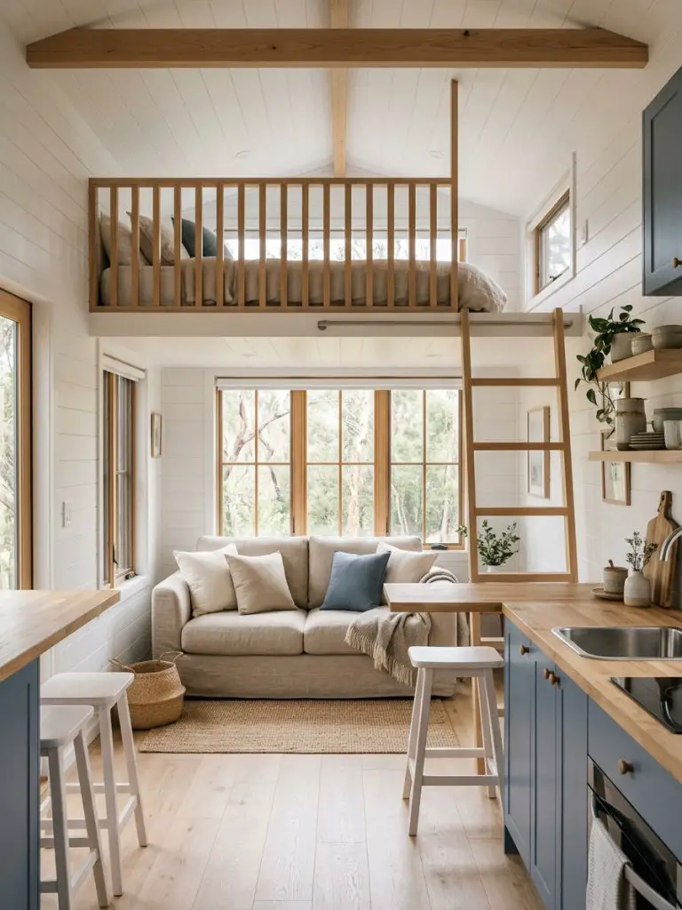 A Scandinavian inspired tiny home living room with loft bedroom and compact dining area, styled in warm minimalist design featuring white pa.