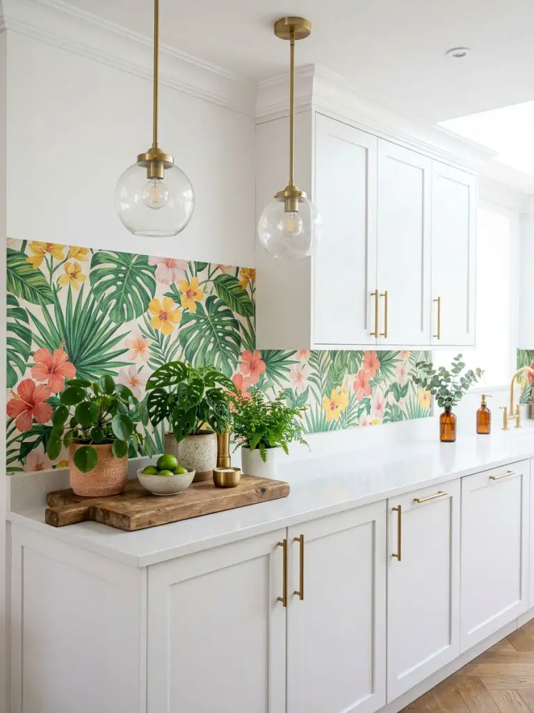 A fresh and vibrant kitchen with a tropical botanical wallpaper backsplash featuring oversized green leaves and bright floral accents in cor.