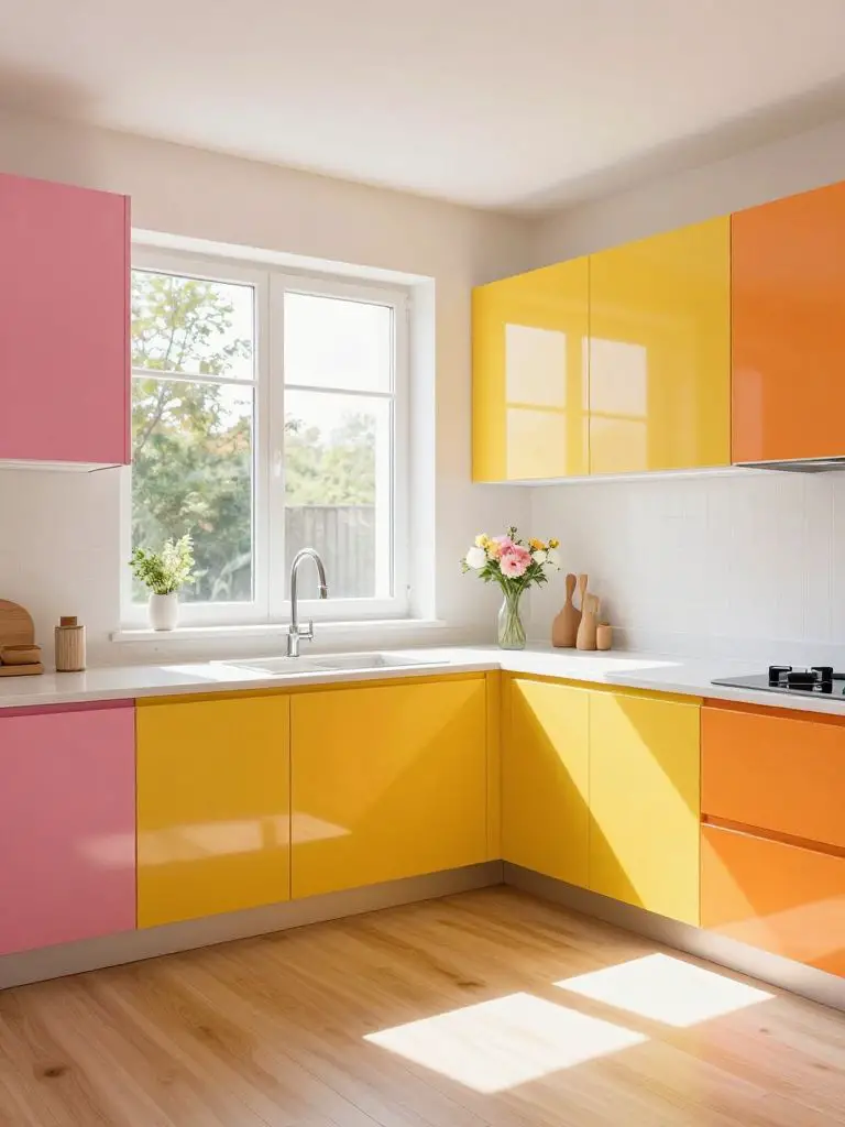 A bright modern colorful kitchen featuring multicolored cabinetry in pink, yellow, and orange tones set against large windows.