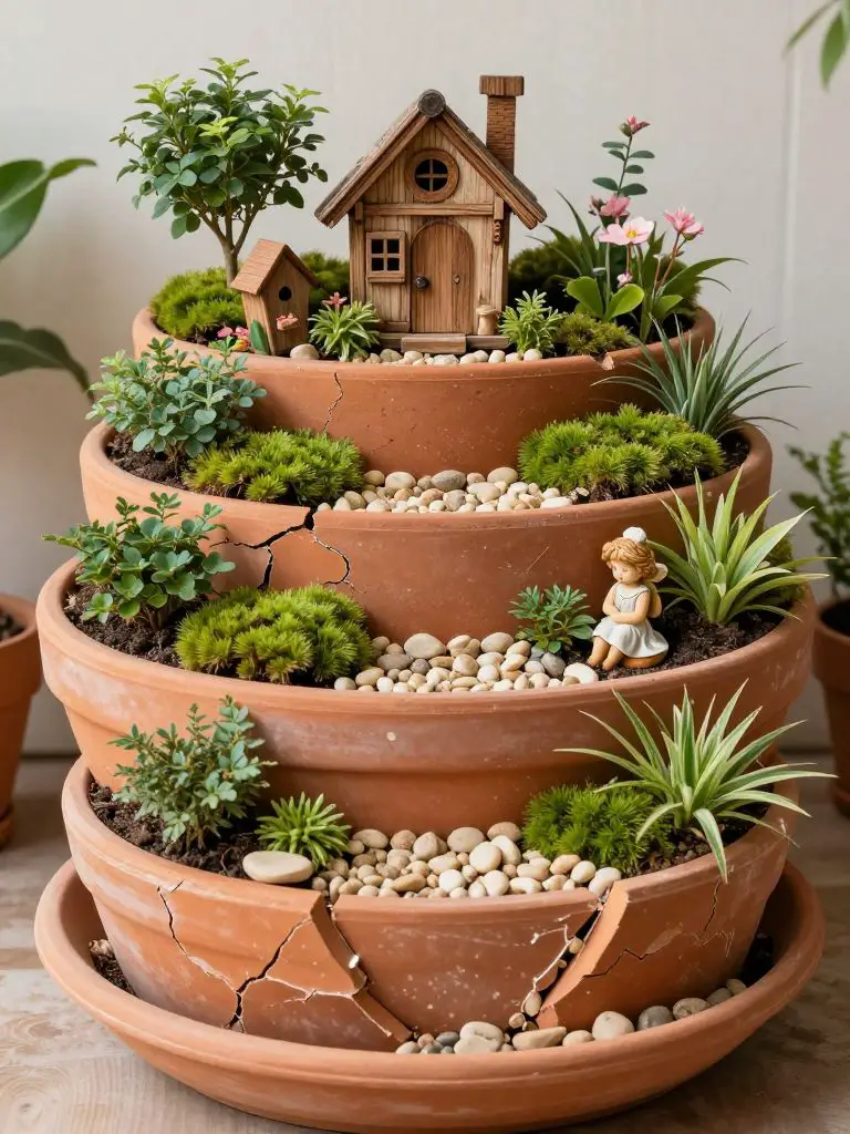 Design a broken terracotta pot fairy garden arranged in cascading layered terraces.
