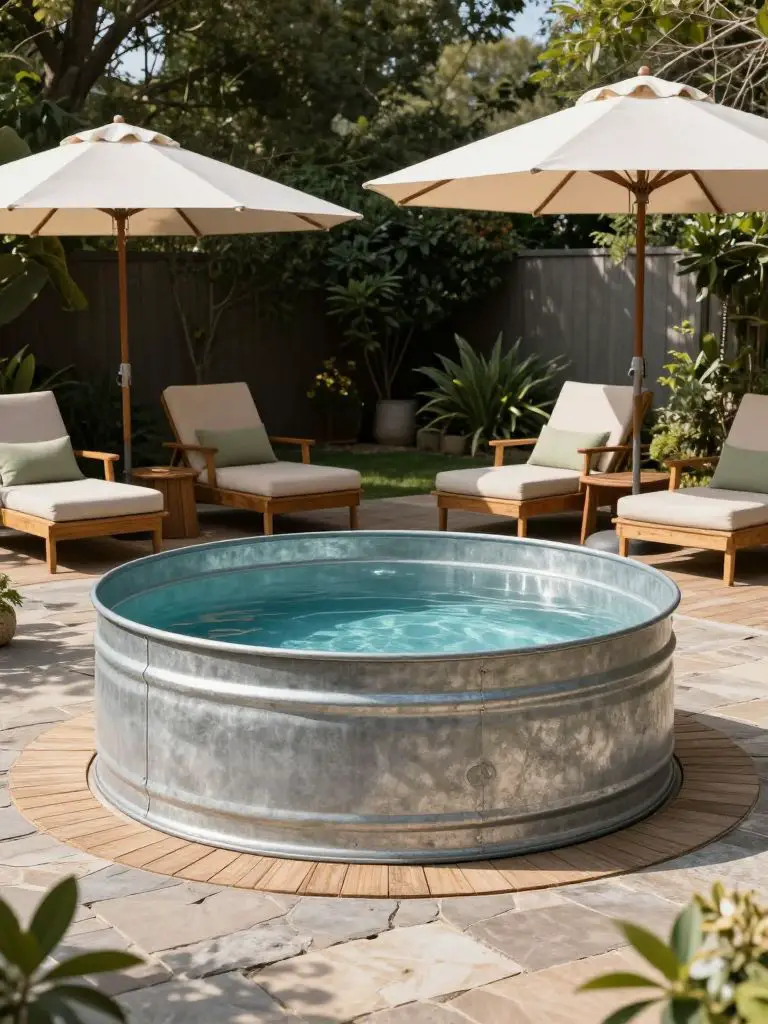 A budget backyard patio featuring a stock tank pool as the main focal point, designed in relaxed modern rustic style.