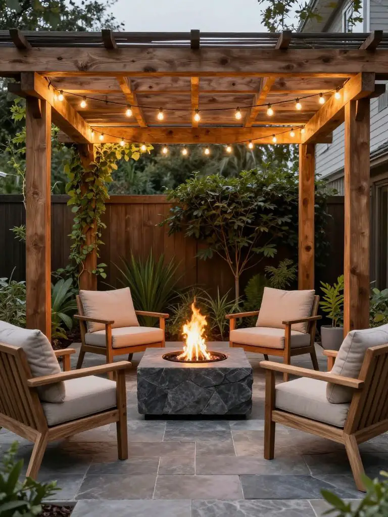 A backyard pergola patio designed in modern rustic style with a budget-friendly approach, featuring a wooden pergola overhead draped with wa.