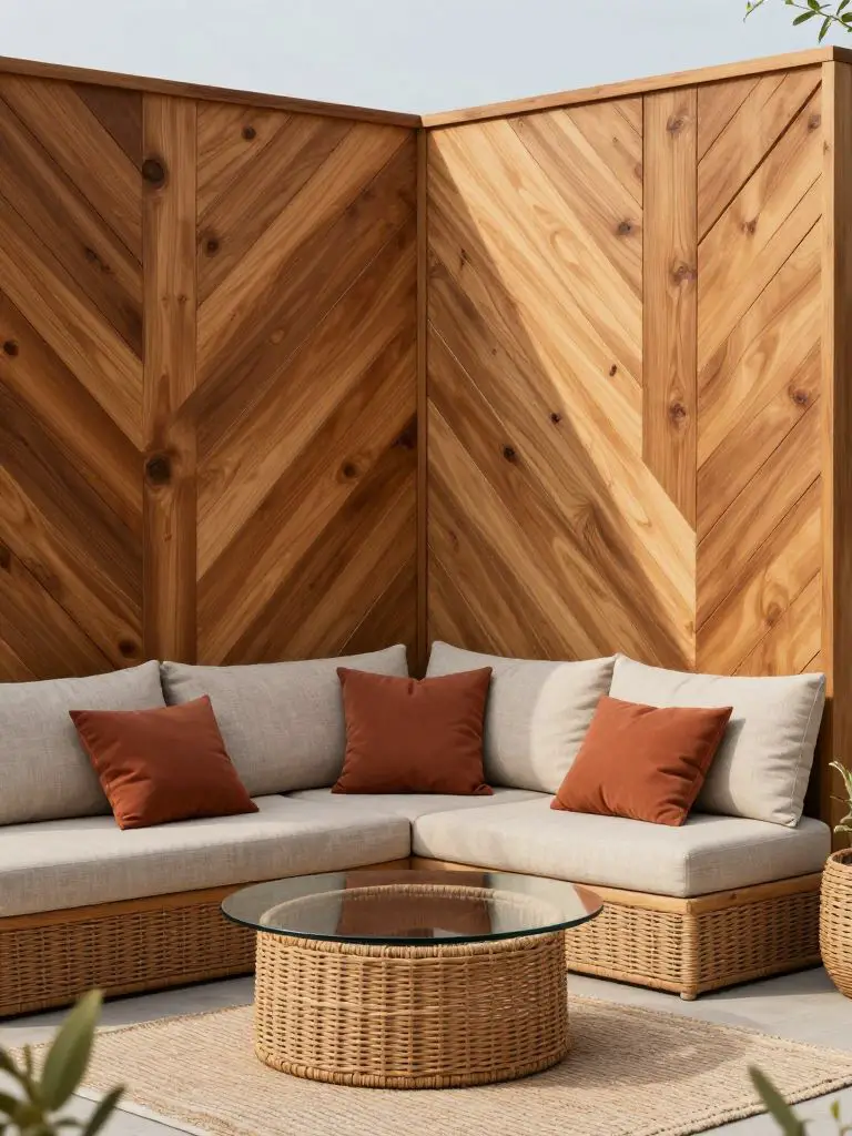 A small patio corner designed in modern rustic style featuring a DIY slatted wood privacy wall as the focal point.
