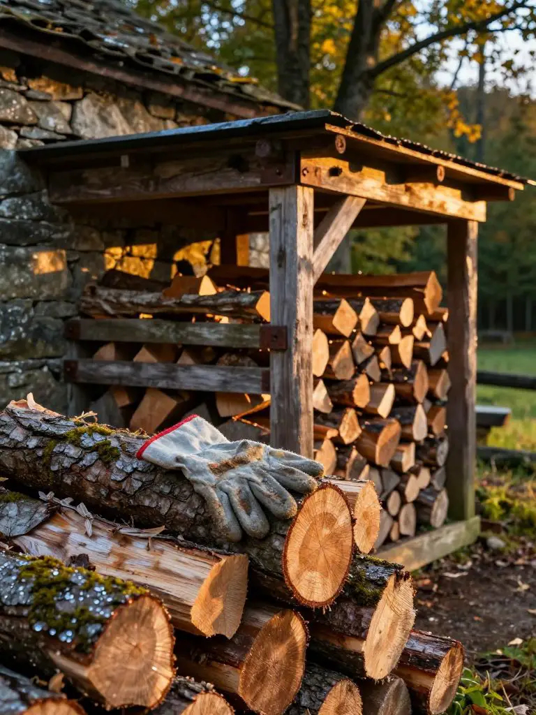An , hyper- photograph of a neatly stacked firewood shelter beside a weathered stone cottage in late golden hour light.