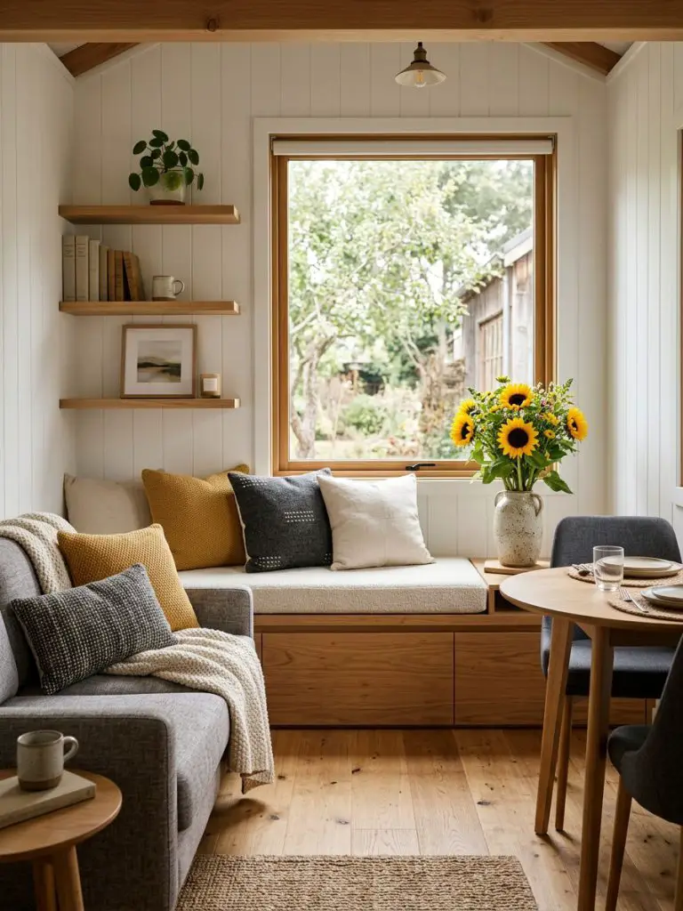 A cozy built-in window bench living room designed for tiny homes in warm modern farmhouse minimalist style featuring white board-and-batten.