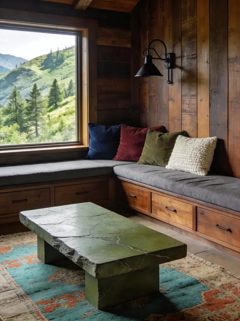 A rustic cabin living room centered around a built-in window bench designed for relaxed reading and quiet mountain views.