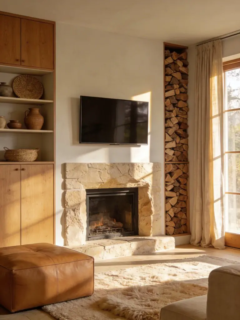 A warm minimalist living room with fireplace and built-in wood storage designed in modern rustic interior style.