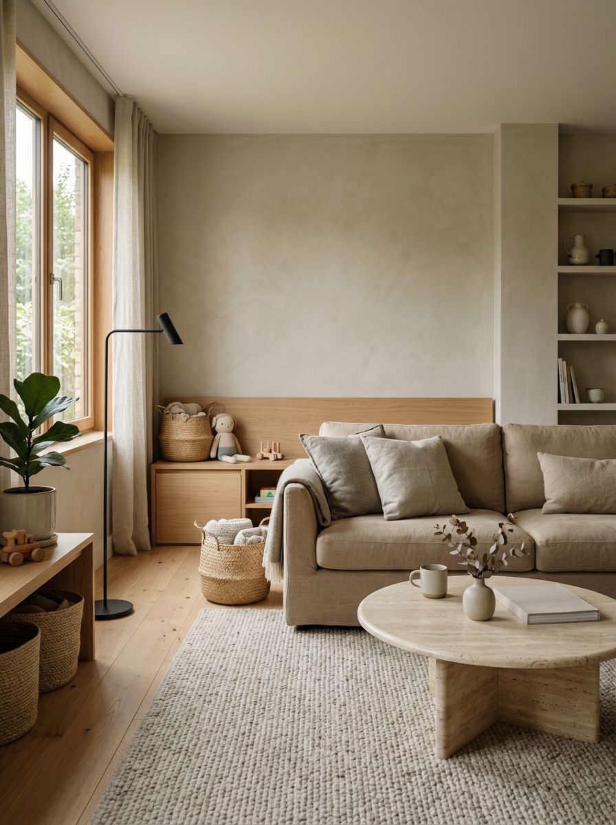 A calm clutter-free minimalist living room that still supports everyday family life with children.