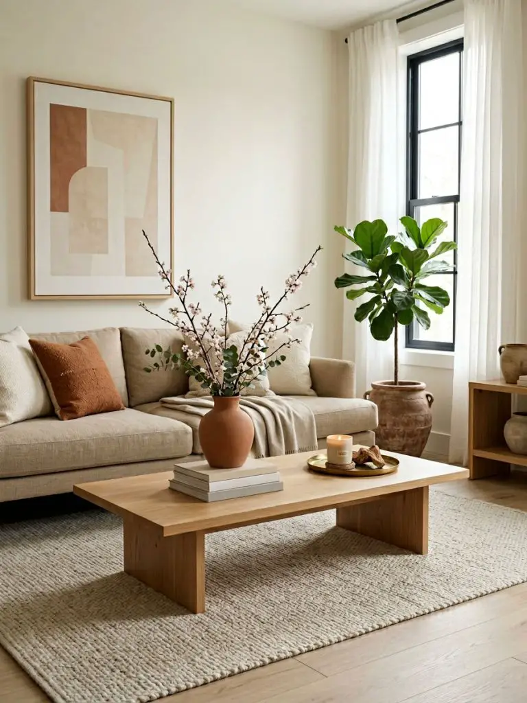 A soft Japandi minimalist living room featuring warm neutral tones and carefully styled coffee table decor.