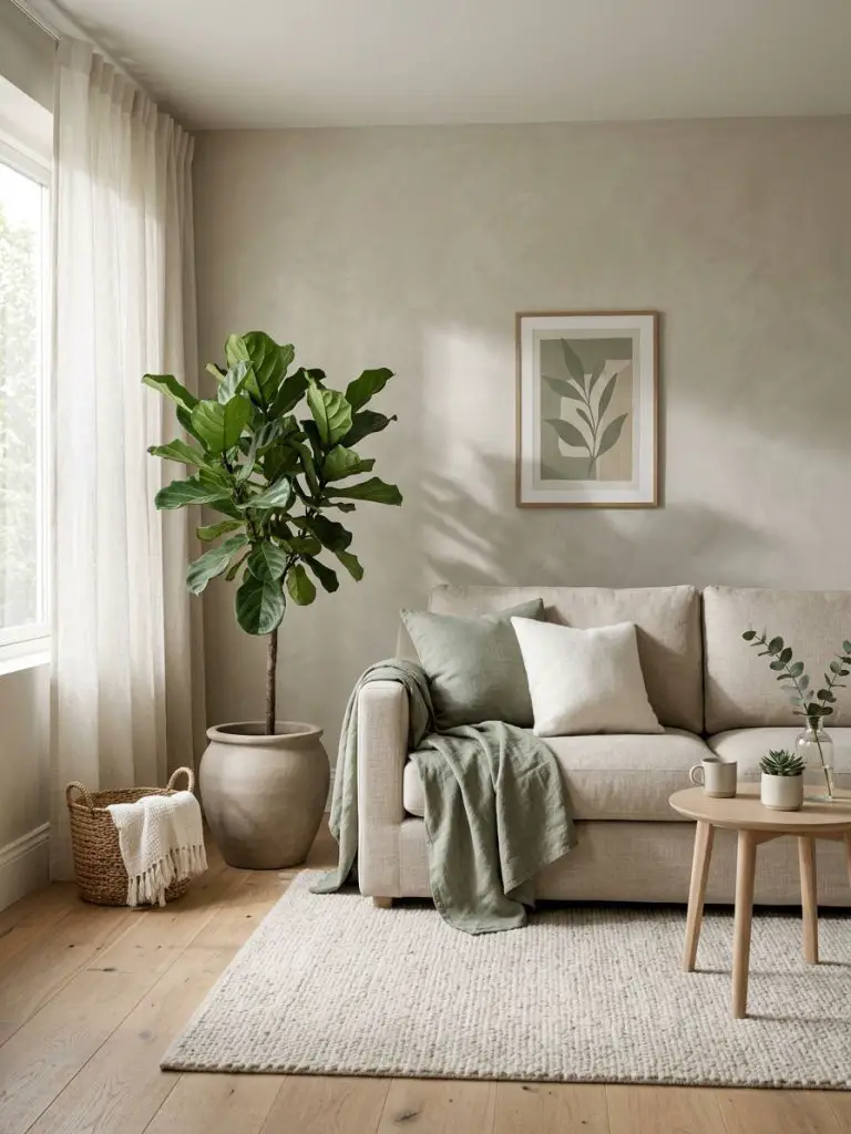 A calm minimalist living room with subtle botanical styling designed for a serene natural atmosphere.